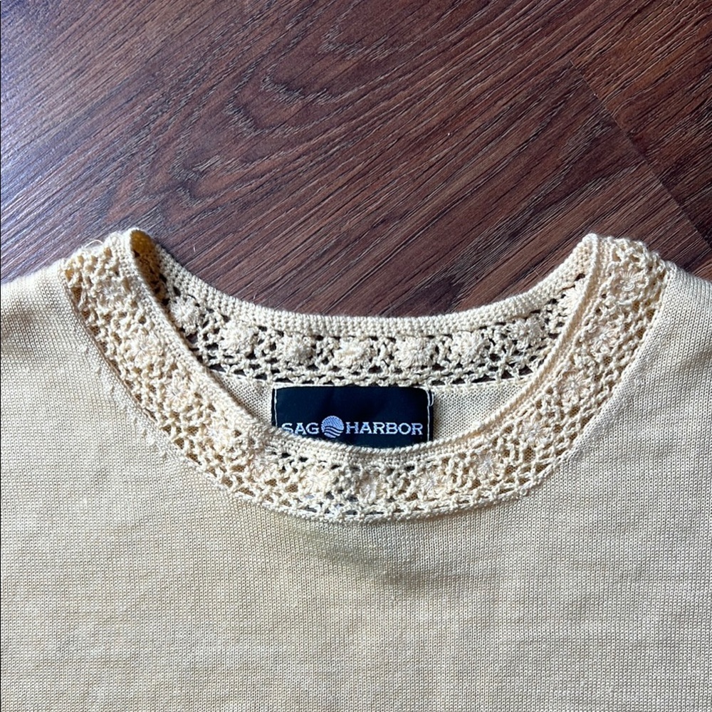 Sag Harbor Butter Yellow Short Sleeve Tee - Crochet Floral Neckline - Picture 2 of 11